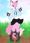 2023 anthro blep blue_eyes bottomwear canid canine clothed clothing cloud day detailed_background digital_media_(artwork) dipstick_ears fox front_view fully_clothed fur girly grass hi_res inner_ear_fluff leg_markings male mammal markings midriff multicolored_ears outside pink_body pink_fur plant skirt sky socks_(marking) solo spraykitty tongue tongue_out tuft white_body white_fur