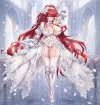  1girl absurdres been breasts bride detached_sleeves dress elesis_(elsword) elsword falling_petals flower full_body garter_belt gloves hair_flower hair_ornament highres holding holding_sword holding_weapon huge_breasts huge_weapon indoors leotard long_hair long_sleeves petals red_eyes red_hair reflection reflective_floor shoes showgirl_skirt solo sword sword_behind_back thighhighs very_long_hair weapon white_dress white_flower white_footwear white_gloves white_leotard white_theme white_thighhighs 