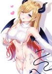  1girl ;p absurdres argyle argyle_sweater armpits black_horns black_wings blonde_hair blue_eyes blush breasts cowboy_shot demon_girl demon_horns demon_tail demon_wings detached_sleeves fingernails garter_straps gradient_hair heart highres hololive horns mary_is_mine meme_attire multicolored_hair navel one_eye_closed panties pink_hair pointy_ears shadow side-tie_panties solo sweater tail thighhighs tongue tongue_out underboob underwear virgin_destroyer_sweater virtual_youtuber white_panties white_sleeves white_thighhighs wings yuzuki_choco 