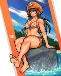  1girl 99vj barefoot beach bikini bikini_top breasts brown_eyes brown_hair cleavage collarbone english_commentary eyebrows_visible_through_hair feet foreshortening guilty_gear hat highres long_hair looking_to_the_side may_(guilty_gear) medium_breasts muscular muscular_female orange_headwear pirate_hat shorts skindentation skull_and_crossbones sky smile soles solo swimsuit toes 