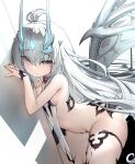  1girl against_wall breasts eyebrows_visible_through_hair fairy_knight_lancelot_(fate) fake_horns fate/grand_order fate_(series) hair_between_eyes highres horns long_hair looking_at_viewer pink_eyes simple_background small_breasts solo sweat thigh_strap undeedking very_long_hair white_background white_hair wings 