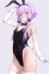  1girl animal_ears black_bow black_bowtie blush bow bowtie breasts closed_mouth detached_collar elbow_pads fake_animal_ears fake_tail gloves highres leotard looking_at_viewer mochi_(mochi444420) playboy_bunny purple_eyes purple_hair rabbit_ears short_hair_with_long_locks simple_background small_breasts solo strapless strapless_leotard tail thighhighs twitter_username vocaloid voiceroid white_gloves white_thighhighs wrist_cuffs yuzuki_yukari 