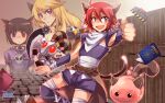  1girl 2boys :3 animal_ears armor armpits assassin_(ragnarok_online) bandages baphomet_jr blonde_hair bracer brown_cape buttons cape cat_ears cat_tail emon-yu fang heterochromia highres kneehighs misty_(ragnarok_online) multiple_boys official_art official_wallpaper otoko_no_ko pauldrons poring purple_eyes purple_legwear purple_shirt purple_shorts ragnarok_online red_eyes robot shirt short_sleeves shorts shoulder_armor skull skull_print slime_(creature) tail thumbs_up waist_cape watermark wickebine_(ragnarok_online) 