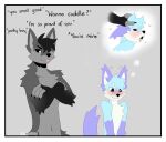 &lt;3 2024 anthro blue_body blue_fur blush border canid canine crossed_arms dialogue digital_media_(artwork) duo english_text fox fur grey_background looking_at_another male mammal simple_background spraykitty text thought_bubble white_body white_border white_fur
