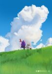 2girls absurdres artist_name blue_sky cloud cloudy_sky commentary_request cumulonimbus_cloud day english_commentary facing_away fern_(sousou_no_frieren) field frieren from_behind grass highres long_hair mage_staff mixed-language_commentary multiple_girls outdoors purple_hair satoko77 sitting sky sousou_no_frieren standing twintails watermark white_hair wide_shot 
