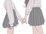  2girls breasts brown_hair collared_shirt commentary_request grey_skirt head_out_of_frame highres holding_hands kamatama_rom long_hair long_sleeves multiple_girls original pleated_skirt school_uniform shirt shirt_tucked_in simple_background skirt sleeves_past_wrists small_breasts white_background white_shirt yuri 