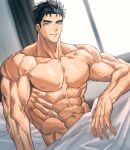  1boy abs bara bed_sheet black_hair blue_eyes day domo_(domo_kizusuki) highres indoors kokado_shido_(domo) large_pectorals looking_at_viewer male_focus muscular muscular_male naked_sheet navel nipples on_bed original pectorals short_hair shredded_muscles sideburns sitting smile solo thick_eyebrows upper_body veins 