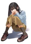  1girl black_hair black_socks blue_shirt blush brown_eyes brown_footwear brown_pants covered_mouth full_body hands_up interlocked_fingers knees_up long_hair looking_at_viewer mattaku_mousuke original own_hands_together pants shadow shirt shoes simple_background sitting socks solo striped striped_socks twitter_username vertical-striped_socks vertical_stripes white_background 