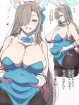  1girl absurdres asuna_(blue_archive) blue_archive blue_leotard breasts commentary_request hair_over_one_eye highres huge_breasts karaage53ko leotard long_hair multiple_views open_mouth 