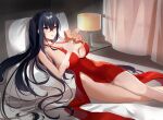  1girl azur_lane black_hair breasts cat cat_on_person center_opening cocktail_dress dress evening_gown halter_dress halterneck huge_breasts indoors lamp long_hair lying manu_(pixiv41646715) official_alternate_costume on_back on_bed red_dress red_eyes sleeveless sleeveless_dress taihou_(azur_lane) taihou_(forbidden_feast)_(azur_lane) very_long_hair 