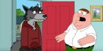 blue_wall canid canine clothing duo earthwormgd earthy family_guy fox grey_hair hair happy holy_crap_lois_it&#039;s_x! hoodie human male mammal open_door peter_griffin red_clothing red_hoodie red_topwear surprise topwear
