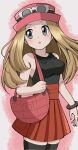  1girl :o bag bare_shoulders black_shirt black_thighhighs blonde_hair cowboy_shot emapippi eyewear_on_headwear grey_eyes hat highres long_hair looking_to_the_side open_mouth pleated_skirt pokemon pokemon_xy red_bag red_headwear red_skirt serena_(pokemon) shirt shoulder_bag skirt sleeveless sleeveless_shirt solo thighhighs 