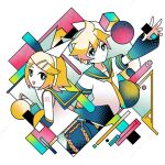  1boy 1girl aqua_eyes arm_up bare_shoulders blonde_hair blue_sailor_collar blue_sleeves bright_pupils brother_and_sister closed_mouth colored_skin detached_sleeves from_side hair_ornament hairclip halftone headphones kagamine_len kagamine_rin long_sleeves looking_at_viewer looking_to_the_side machigami_yoh necktie number_tattoo open_mouth outside_border sailor_collar sailor_shirt shapes shirt short_hair short_sleeves siblings sleeveless sleeveless_shirt smile tattoo twins upper_body very_short_hair vocaloid white_background white_pupils white_skin yellow_necktie 