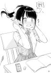  !? 1girl absurdres asmr blush desk greyscale headphones highres monochrome necktie open_mouth original ponytail school_desk school_uniform sitting solo sweat takenoko_no_you 