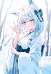  1girl ai-generated animal_ear_fluff animal_ears fox_ears fox_girl fox_tail highres japanese_clothes kimono looking_at_viewer original red_eyes redraw_0 solo tail tree white_hair white_kimono 