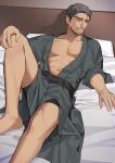  1boy abs bara bare_pectorals facial_hair feet_out_of_frame goatee grey_hair highres japanese_clothes kimono kowamote_(1515_iiotkwkk) large_pectorals lying male_focus muscular muscular_male mustache_stubble navel old old_man on_back on_bed open_clothes open_kimono original pectorals short_hair sideburns sideburns_stubble solo stomach 