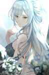  1girl bare_back bare_shoulders black_bra bra breasts expressionless flower hand_up high_ponytail highres honkai:_star_rail honkai_(series) jingliu_(honkai:_star_rail) long_hair looking_at_viewer medium_breasts miepu open_bra solo underwear white_hair 