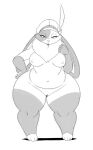 2020 anthro armello breasts dewlap_(anatomy) elyssia_(armello) female front_view genitals hand_on_hip hi_res lagomorph leporid long_ears looking_at_viewer mammal monochrome monotone_background mostly_nude multicolored_body narrowed_eyes navel neck_tuft nipples pussy rabbit simple_background sketch solo sssonic2 thick_thighs tuft two_tone_body white_background wide_hips