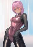  1girl ahoge black_bodysuit blue_background blush bodysuit closed_mouth front_zipper_swimsuit hair_between_eyes highres kilye_kairi latex latex_bodysuit looking_at_viewer medium_hair meme_attire one-piece_swimsuit original pink_hair purple_eyes solo standing swimsuit swimsuit_over_bodysuit 