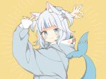 1girl animal_ear_fluff animal_ears animal_hood blue_eyes blue_hair blue_hoodie blush cat_ears commentary fish_tail gawr_gura goodbye_sengen_(vocaloid) green_nails hair_ornament hololive hololive_english hood hoodie looking_at_viewer multicolored_hair ok_sign parody shark_hair_ornament shark_hood shark_tail short_hair short_twintails shouu-kun simple_background smile solo streaked_hair tail twintails upper_body v virtual_youtuber white_hair yellow_background 