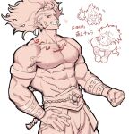  1boy abs armband bara belt bucchigiri?! chibi hand_on_own_hip heart highres l_m00g long_hair looking_at_viewer male_focus manly mature_male muscular muscular_male nipples pants pectorals ponytail red_eyes senya_(bucchigiri?!) simple_background smirk solo tattoo teeth thick_arms thick_eyebrows topless_male veins white_background wristband 
