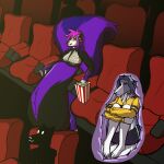 anthro belly big_belly big_breasts borzoi breasts canid canine canis clothed clothing domestic_dog duo female female/female food fully_inside grin hunting_dog mammal mephitid movie_theater popcorn rhainbowmetall satisfied sighthound sitting skimpy skunk smile sonia(snoutdevout) vore