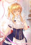  1girl :d alternate_costume bangs blonde_hair blurry blurry_background blush bow breasts chocolate chocolate_fountain closed_eyes cowboy_shot dress enmaided eyebrows_visible_through_hair facing_viewer gloves hand_up highres idolmaster idolmaster_cinderella_girls long_hair maid maid_headdress multicolored_hair ohtsuki_yui open_mouth puffy_sleeves red_bow short_sleeves sidelocks smile solo table temichama translation_request upper_teeth white_gloves wrist_cuffs 