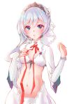  1girl absurdres blush bra breasts cropped_jacket grey_hair hair_bun hair_ornament hand_on_own_chest highres lingerie long_sleeves looking_at_viewer medium_breasts navel panties parted_lips ribbon sidelocks sinoalice snow_white_(sinoalice) solo tiara underwear white_hair xenxen 