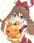  1girl bangs bracelet brown_hair collarbone eyebrows_visible_through_hair gen_3_pokemon grey_eyes hair_between_eyes hair_ribbon highres holding holding_pokemon jewelry looking_at_viewer may_(pokemon) open_mouth pokemon pokemon_(creature) pokemon_(game) pokemon_oras red_shirt ribbon shirt sleeveless sleeveless_shirt torchic upper_body v yuuki510510 