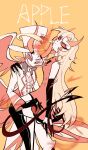  1boy 1girl absurdres blonde_hair charlie_morningstar demon demon_boy demon_girl demon_horns demon_tail demon_wings dress father_and_daughter hazbin_hotel highres horns long_hair looking_at_viewer lucifer_(hazbin_hotel) red_dress suit tail thenate white_headwear wings 