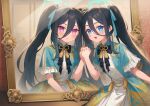  &lt;key&gt;_(blue_archive) 2girls aris_(blue_archive) black_hair blue_archive blue_eyes blue_halo blue_ribbon blush closed_mouth different_reflection double-parted_bangs dress dual_persona frilled_sleeves frills hair_between_eyes hair_ribbon halo hand_up holding_hands interlocked_fingers kutori_pan&#039;ya long_hair looking_at_viewer mirror multiple_girls open_mouth pink_eyes reflection ribbon short_sleeves sidelocks smile through_mirror twintails very_long_hair 