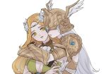  2girls armor arms_around_neck astraea_010 blue_gemstone breasts circlet cleavage cleavage_cutout clothing_cutout commentary_request covered_eyes detached_sleeves dress final_fantasy final_fantasy_xiv from_side gem green_dress green_eyes hair_ornament halone_(ff14) helmet helmet_over_eyes hug hug_from_behind korean_commentary leaf_hair_ornament long_hair looking_at_another multiple_girls nophica open_mouth orange_hair pauldrons shoulder_armor simple_background sleeveless sleeveless_dress smile upper_body vambraces wavy_hair white_background white_hair winged_helmet yuri 