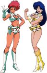  1980s_(style) 2girls arm_grab armlet blue_eyes blue_hair boots breasts cleavage dark-skinned_female dark_skin dirty_pair earrings gloves hand_on_hip headband holster jewelry kei_(dirty_pair) knee_boots long_hair looking_at_viewer medium_breasts multiple_girls navel official_art one_eye_closed open_mouth red_eyes red_hair retro_artstyle short_hair simple_background single_glove smile standing w white_background white_footwear yellow_footwear yuri_(dirty_pair) 