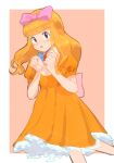  1boy ashley_(pokemon) bangs black_eyes blonde_hair blunt_bangs blush bow commentary_request crossdressing dress floating_hair frills hair_bow hands_up highres kikuyoshi_(tracco) leg_up long_hair looking_at_viewer male_focus orange_dress pink_bow pokemon pokemon_(anime) pokemon_(classic_anime) pokemon_(creature) short_sleeves sketch solo 