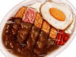  curry curry_rice egg_(food) food food_focus fried_egg highres kaneko_ryou katsu_curry no_humans original plate rice simple_background still_life white_background 