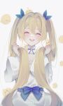  &gt;_&lt; 1girl :d absurdres artist_name bird blonde_hair blush bow closed_eyes commentary dokibird_(vtuber) dress dress_bow facing_viewer hair_between_eyes hair_ribbon highres holding holding_hair indie_virtual_youtuber long_hair long_sleeves miru_(miruzuya) open_mouth puffy_sleeves ribbon simple_background smile solo teeth tongue twintails very_long_hair virtual_youtuber white_background white_dress 