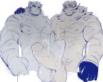  2boys animal_ears arknights bara chest_tuft completely_nude crossover dislyte erection foreskin furry furry_male furry_with_furry grin hand_on_another&#039;s_shoulder highres huge_penis iwano_kal jin_qiu_(ru_shou)_(dislyte) large_hands large_testicles male_focus mountain_(arknights) multiple_boys multiple_monochrome neck_fur nude pectoral_docking pectoral_press penis penises_touching precum precum_drip scar scar_across_eye side-by-side smile sunglasses tail testicles tiger_boy tiger_ears tiger_tail trait_connection uncensored unfinished yaoi 