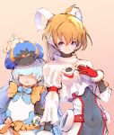  +_+ 2girls :o ahoge animal_on_head bear blaster_master_zero blaster_master_zero_3 blonde_hair blue_eyes breasts character_request commentary covered_navel eve_(blaster_master_zero) gloves hair_over_eyes hat height_difference light_blue_hair long_hair long_sleeves looking_at_viewer multiple_girls navel on_head red_gloves ribbon shirt skin_tight small_breasts smile tagme usapenpen2019 white_shirt 