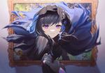  1girl black_hair blue_ribbon closed_mouth hair_ribbon highres long_hair looking_at_viewer mechanical_arms painting_(object) punishing:_gray_raven purple_eyes ribbon selena_(punishing:_gray_raven) sidelocks tagme zhou_huan_(dgpe2833) 