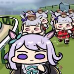  6+girls animal_ears bangs blunt_bangs bow chibi clone ear_bow english_commentary eyebrows_visible_through_hair flying_sweatdrops gold_ship_(umamusume) gold_trim grass green_bow horse_ears jaggy_line jazz_jack light_purple_hair lowres mejiro_mcqueen_(umamusume) multiple_girls pillbox_hat pink_eyes purple_bow purple_eyes running signature silver_hair sweatdrop umamusume wavy_mouth wide_oval_eyes 