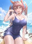  1girl :d absurdres animal_ears antenna_hair bangs bare_arms bare_shoulders blue_sky blue_swimsuit blush bow breasts cleavage collarbone commentary_request competition_school_swimsuit covered_navel daiwa_scarlet_(umamusume) day eyebrows_visible_through_hair fang hair_bow hair_intakes highres horizon horse_ears joeychen large_breasts light_rays long_hair looking_at_viewer ocean on_ground open_mouth pink_eyes red_bow sitting skin_fang sky smile solo strap_lift sunbeam sunlight swimsuit thighs tiara twintails umamusume v-shaped_eyebrows very_long_hair water 