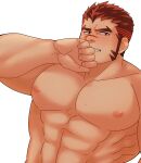  1boy abs akashi_(live_a_hero) bad_id bad_pixiv_id bara blush covering_own_mouth facial_hair goatee hand_over_own_mouth large_pectorals live_a_hero long_sideburns male_focus muscular muscular_male nipples nude oskn_tengoku pectorals red_eyes red_hair scar scar_on_face scar_on_nose short_hair sideburns solo sweat thick_eyebrows upper_body 