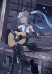  1girl absurdres acoustic_guitar ahoge aqua_hair aqua_neckwear arm_tattoo bangs blue_hair blue_neckwear boots breasts cabin cat closed_eyes collared_shirt commentary crossed_legs elbow_gloves electric_fan english_commentary floating_hair flower gloves guitar hair_ornament hatsune_miku hatsune_miku_(vocaloid4) headphones highres huge_filesize instrument long_hair mixed-language_commentary morning_glory music necktie night night_sky number open_mouth playing_instrument pleated_skirt plectrum purple_flower shibatadtm shirt singing sitting skirt sky sleeveless small_breasts solo tattoo teapot thigh_boots thighhighs twintails v4x very_long_hair vocaloid wind_chime wooden_floor zettai_ryouiki 