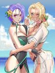  2girls alboeire bikini black_choker black_one-piece_swimsuit blonde_hair blue_eyes breast_press breasts catherine_(fire_emblem) catherine_(summer)_(fire_emblem) choker cleavage expressionless fire_emblem fire_emblem_heroes flower hair_flower hair_ornament highres large_breasts medallion multiple_girls one-piece_swimsuit one_eye_closed purple_eyes purple_hair see-through see-through_shirt see-through_skirt shamir_nevrand shamir_nevrand_(summer) shirt short_hair side-tie_bikini_bottom side_slit skirt smile swimsuit symmetrical_docking tan white_bikini white_shirt white_skirt yuri 