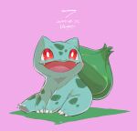  :d bright_pupils bulbasaur commentary_request dated fangs gen_1_pokemon highres kikuyoshi_(tracco) no_humans open_mouth pokemon pokemon_(creature) purple_background red_eyes signature sitting smile solo tongue white_pupils 