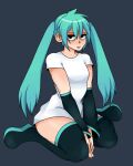  1girl bags_under_eyes black_footwear blue_background blue_hair boots bottomless closed_mouth commentary cryptidhermit english_commentary exhausted full_body hair_between_eyes hatsune_miku long_hair looking_at_viewer no_pants shirt simple_background sitting solo thigh_boots twintails vocaloid wariza white_shirt 