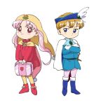  1boy 1girl absurdres blonde_hair blush boots cape commentary_request dress hat highres holding holding_suitcase hosiman jester_cap long_hair magical_girl pantyhose pink_hair prince_cloud princess_silver red_eyes red_robe robe smile suitcase twintails white_background yellow_cape yellow_headwear yellow_pantyhose yume_no_crayon_oukoku 