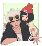  1boy 1girl :d beanie black_hair black_jacket blush border bracelet commentary_request eyelashes green_background green_shorts guzma_(pokemon) hat hood hood_down hooded_jacket jacket jewelry lower_teeth_only nm222 open_mouth pokemon pokemon_sm red_headwear round_eyewear selene_(pokemon) shirt short_hair short_sleeves shorts smile sunglasses teeth white_border white_shirt yellow-framed_eyewear yellow_shirt z-ring 