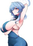  10eki_(tenchou) 1girl ako_(blue_archive) ako_(dress)_(blue_archive) arm_behind_head arm_under_breasts arm_up armpits backless_dress backless_outfit bare_shoulders blue_archive blue_dress blue_eyes blue_hair blush bracelet breast_hold breasts cleavage dress earrings hair_between_eyes hairband halo highres jewelry large_breasts looking_at_viewer medium_hair sideboob solo 