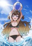  1girl anya_melfissa ball beachball bikini black_bikini blonde_hair blush breasts brown_hair cleavage gradient_hair halterneck highres holding holding_ball holding_beachball hololive hololive_indonesia lens_flare long_hair medium_breasts midoku_(itijikusakura) midriff multicolored_hair navel no_pupils purple_eyes side-tie_bikini sky smile solo string_bikini swimsuit two_side_up very_long_hair virtual_youtuber water 